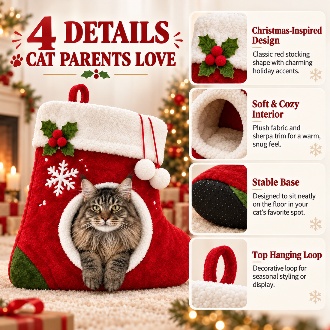Four Christmas stocking cat bed design details and close-ups