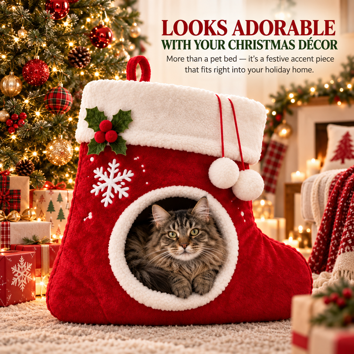 Red Christmas stocking cat bed displayed beside a decorated Christmas tree