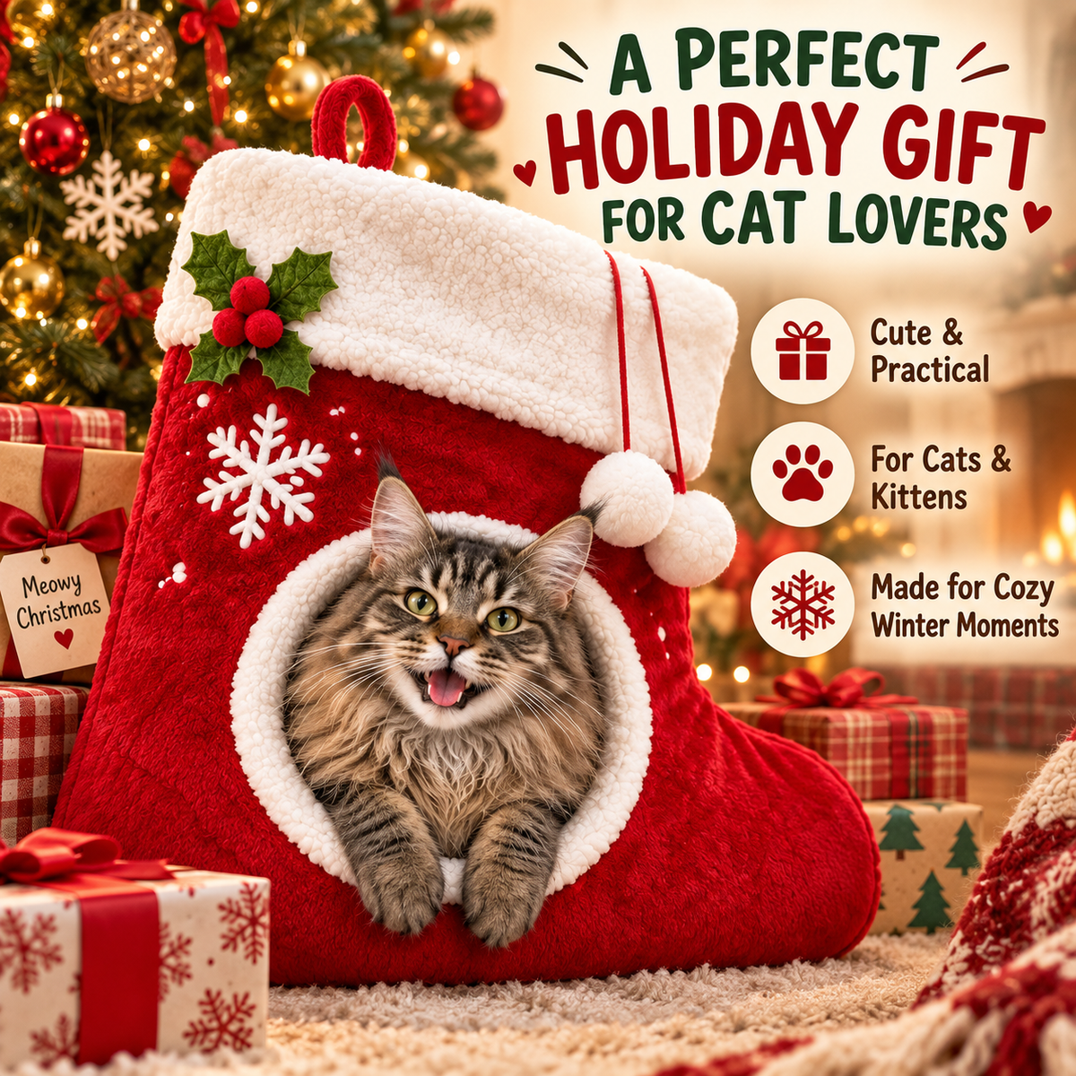 🎄 Christmas Stocking Cat Bed – Ultra-Soft Sherpa Cozy Hideaway for Cats 🐱