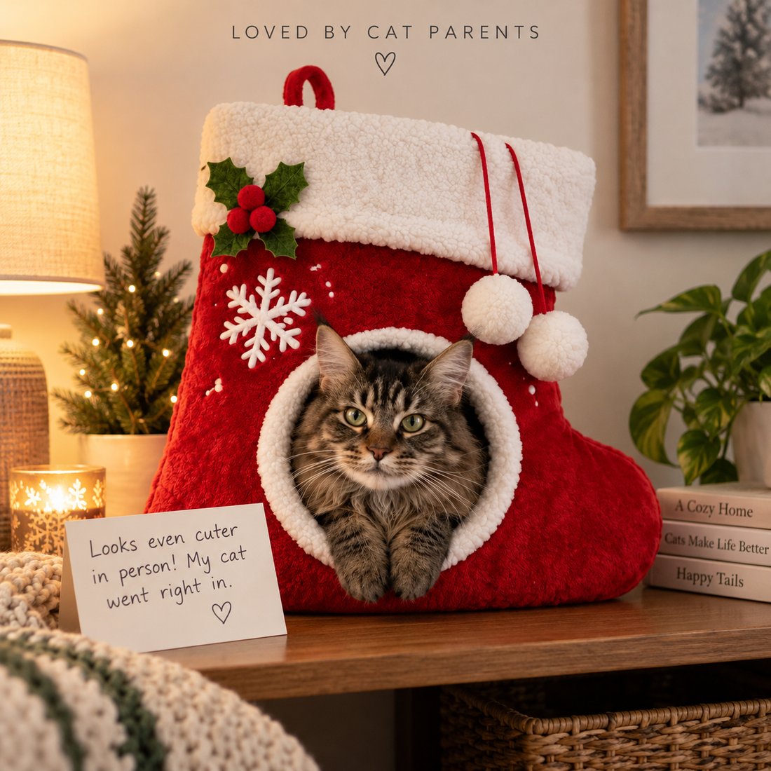 Illustrative at-home styling scene featuring the Christmas stocking cat bed