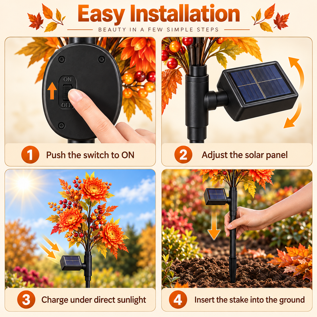 Four-step installation guide for solar autumn flower garden lights
