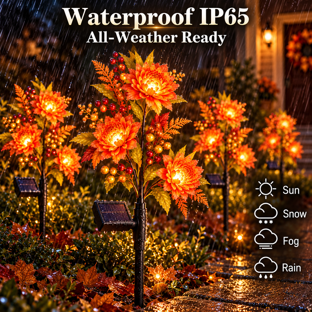 Autumn solar flower lamps displayed outdoors in rainy weather