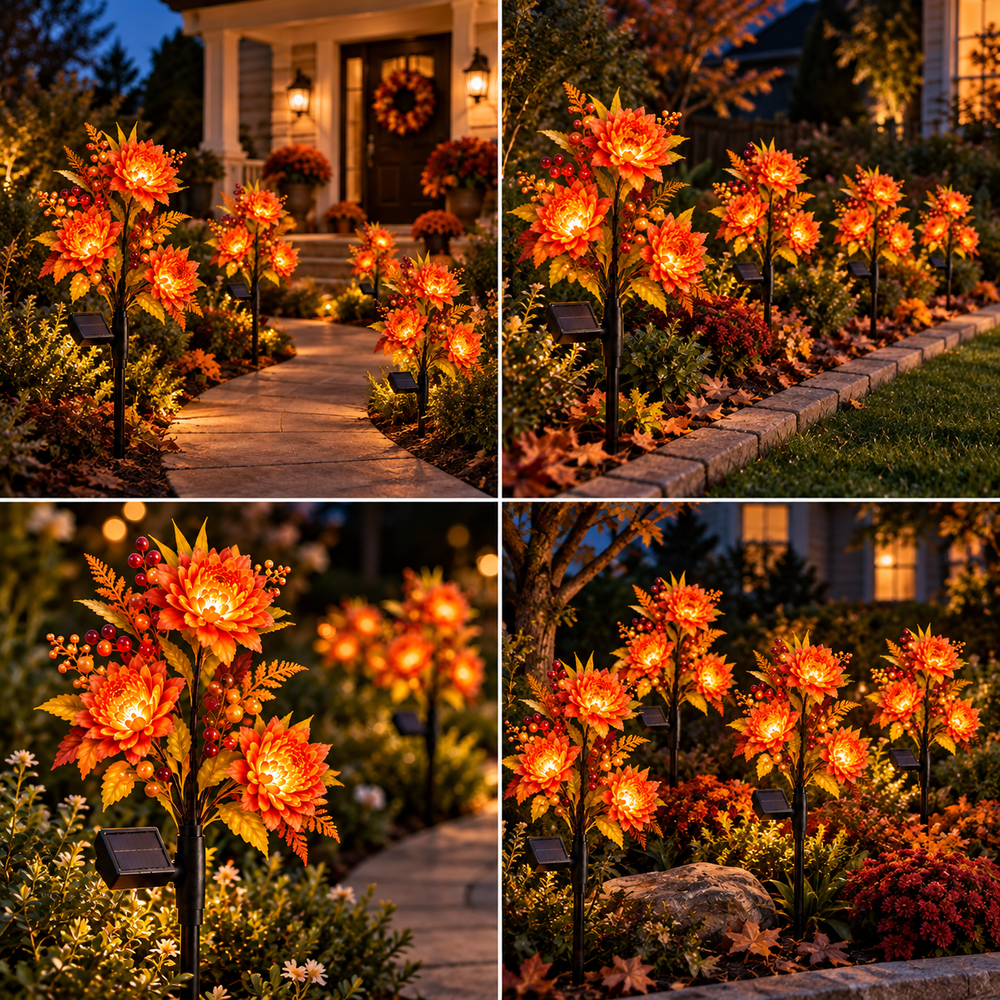 Four different garden scenes decorated with glowing autumn flower lights