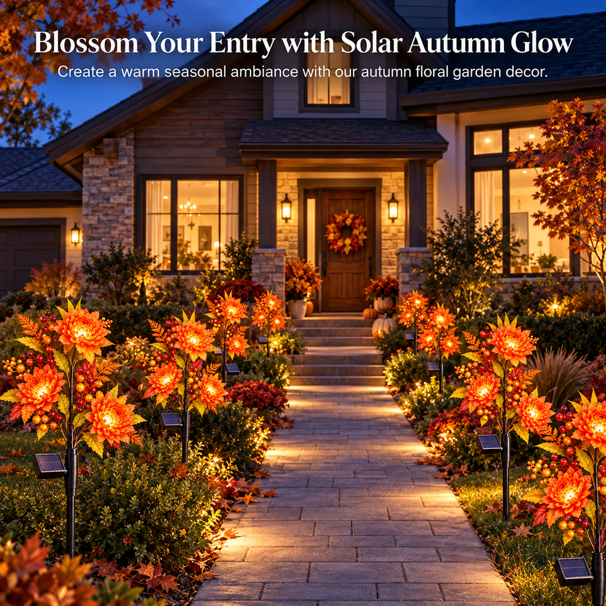 American-style house entrance decorated with glowing autumn solar flower lights