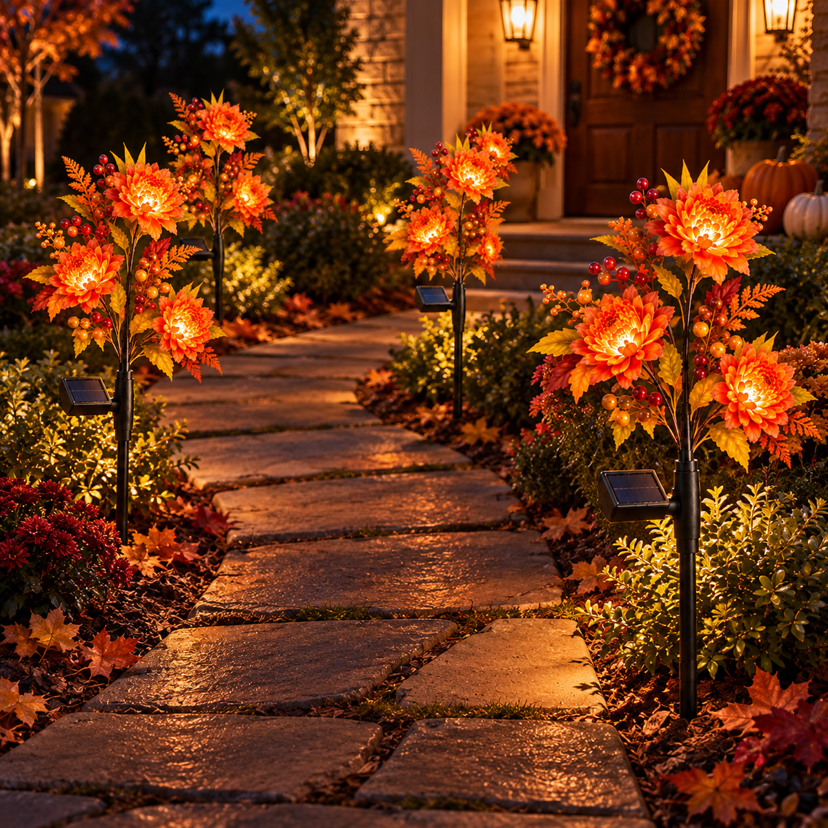 🍁 Autumn Glow Solar Flower Garden Lights – Warm LED Outdoor Fall Decor