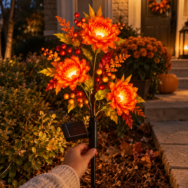 Solar autumn flower decoration displayed outdoors during daytime with the light off