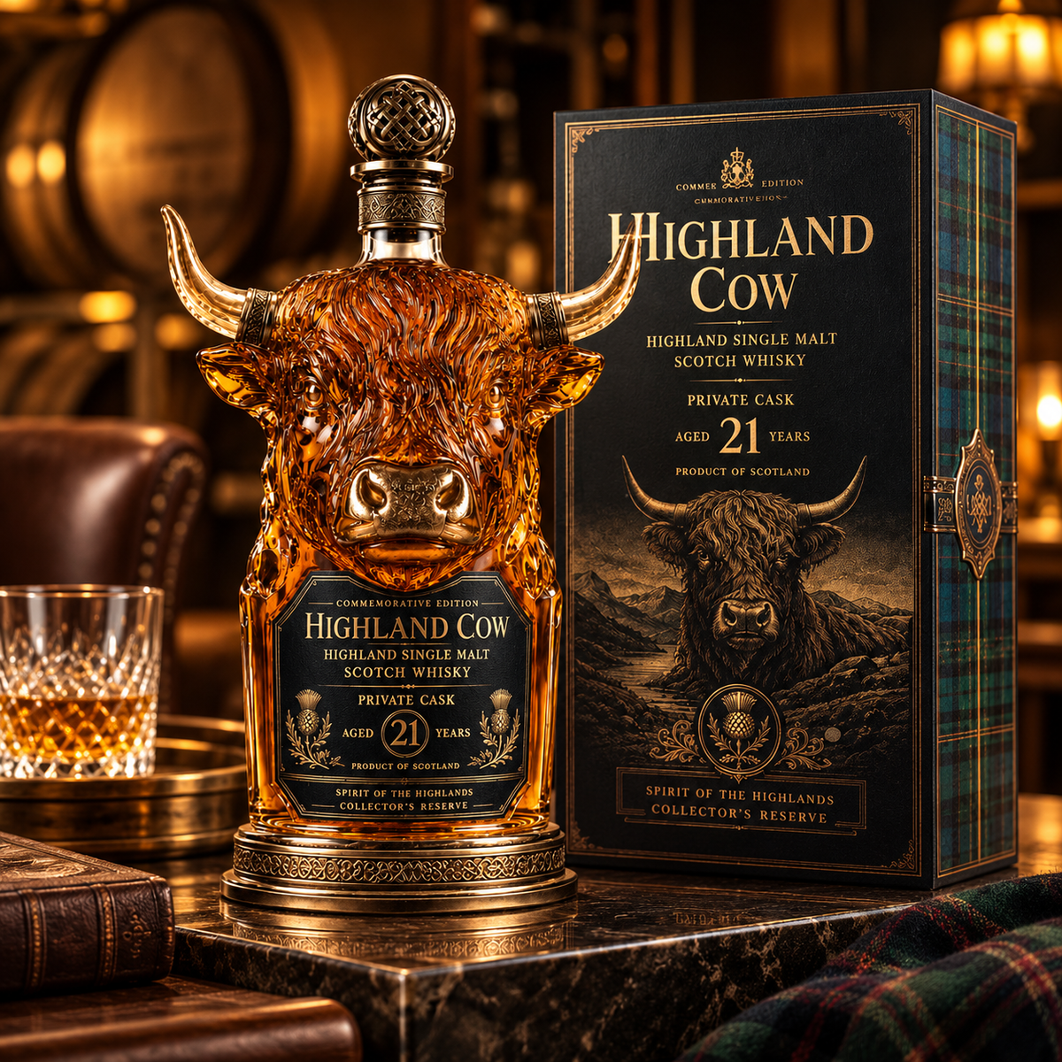 Highland cow sculptural decanter with ornamental stopper and illustrated collector box