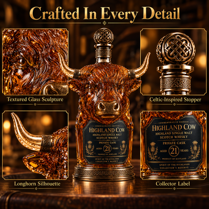 Detail views of Highland cow decanter, carved coat texture, horns and stopper
