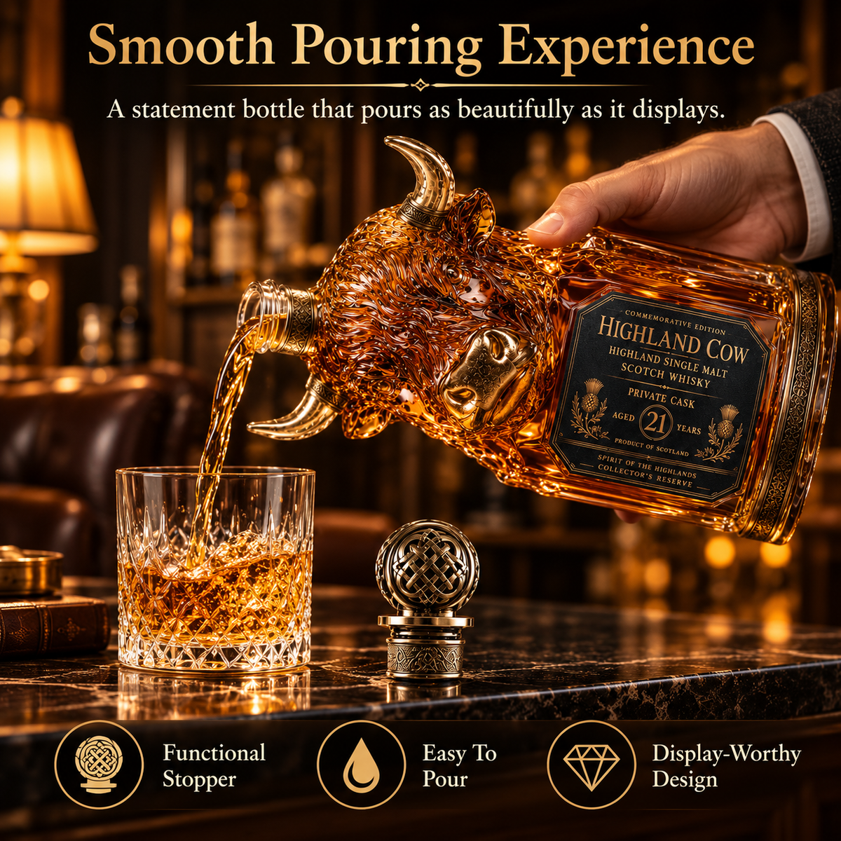 Highland cow-shaped collector decanter shown pouring into a tumbler