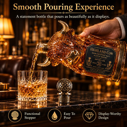 Highland cow-shaped collector decanter shown pouring into a tumbler