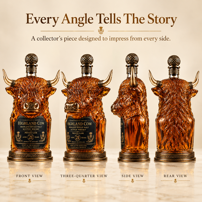 Four views of Highland cow decanter including front, angled, side and rear