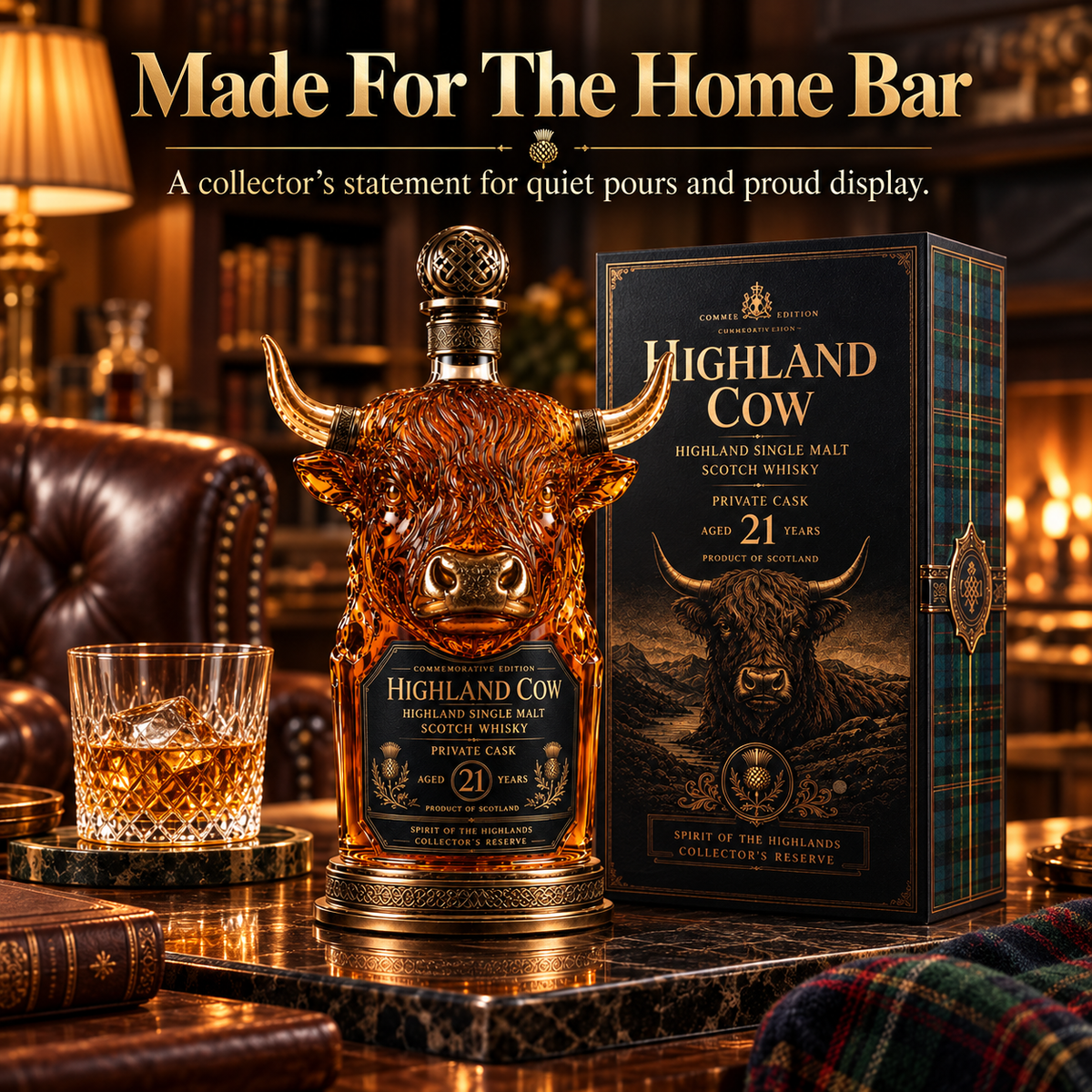 Highland cow decanter displayed on dark home bar surface