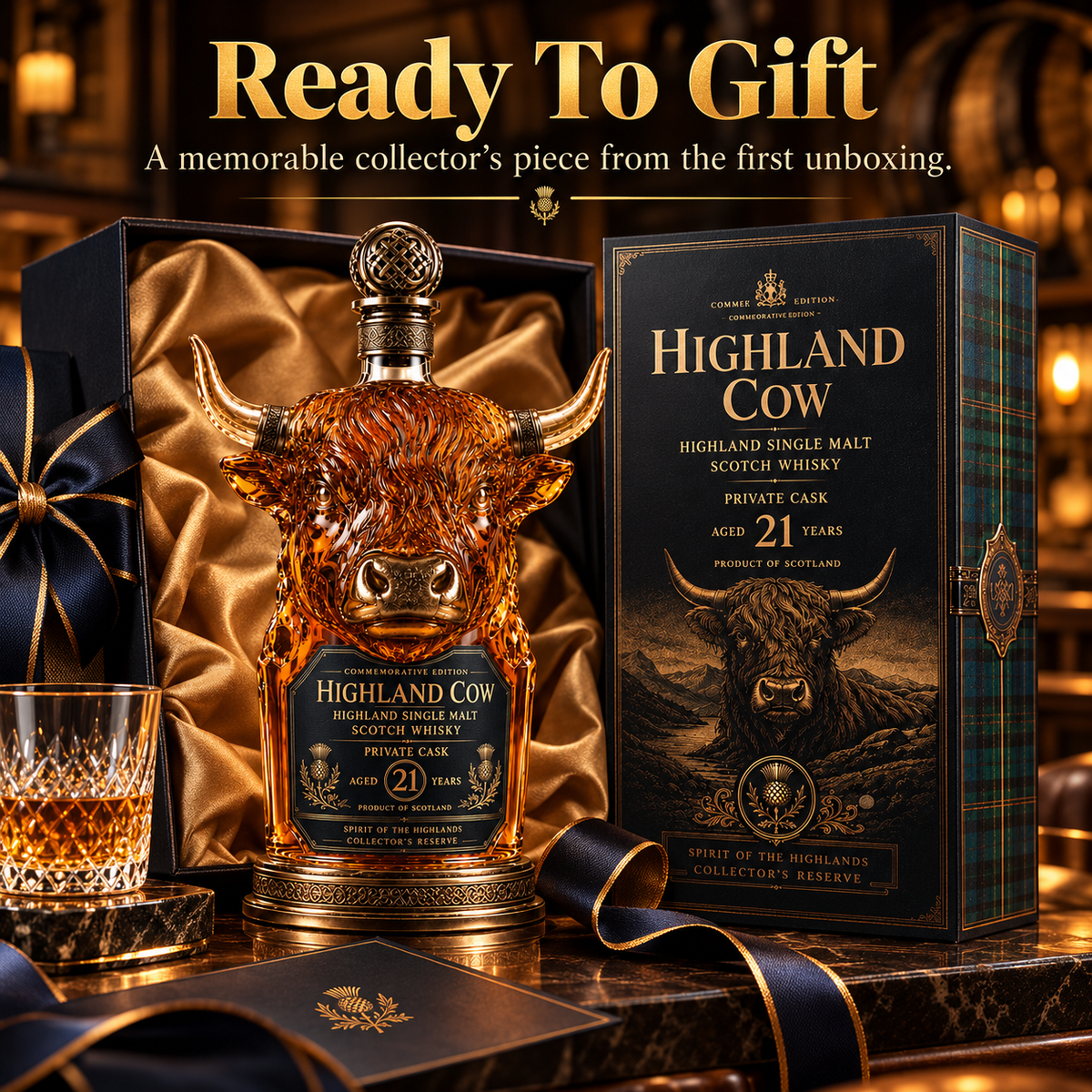 Highland cow decanter with luxury-style illustrated gift presentation