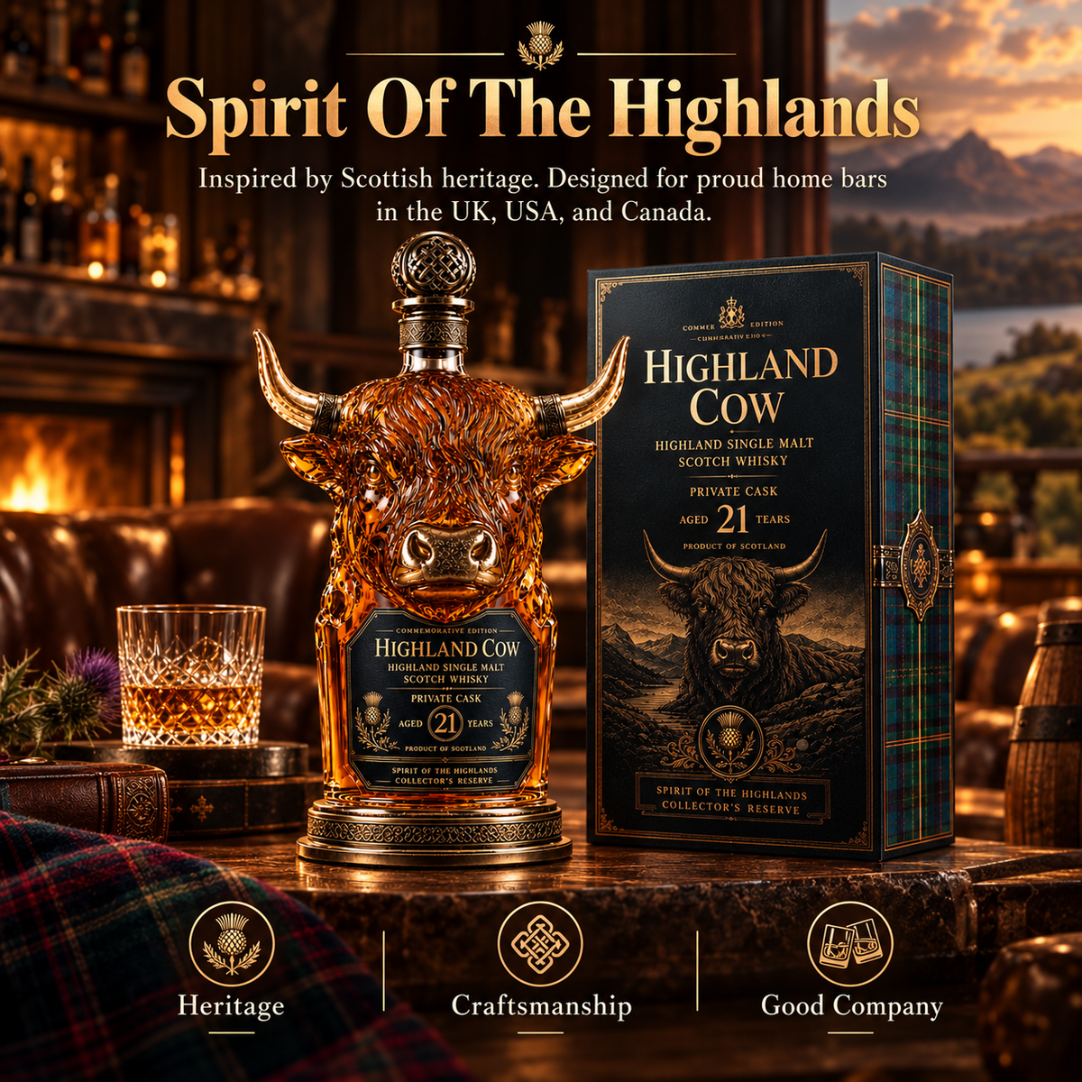 Scottish Highland inspired cow decanter in a warm vintage bar scene