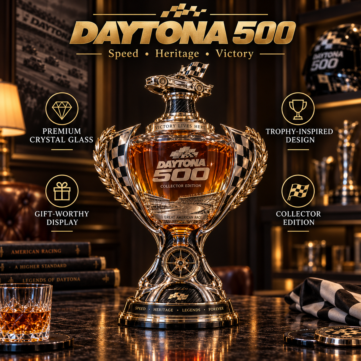 Racing heritage-inspired trophy decanter display