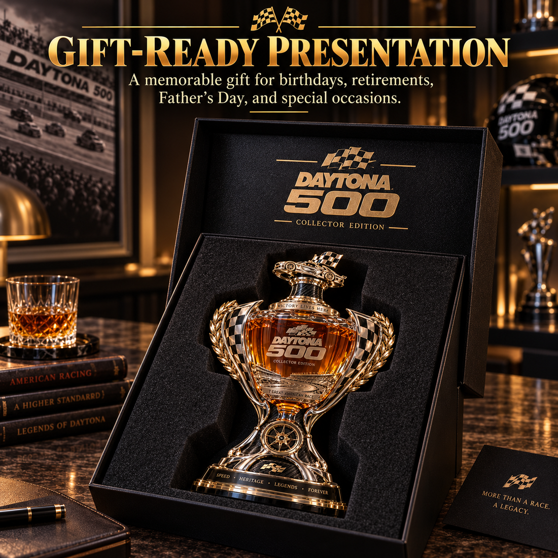 Racing trophy decanter displayed alongside collector-style packaging