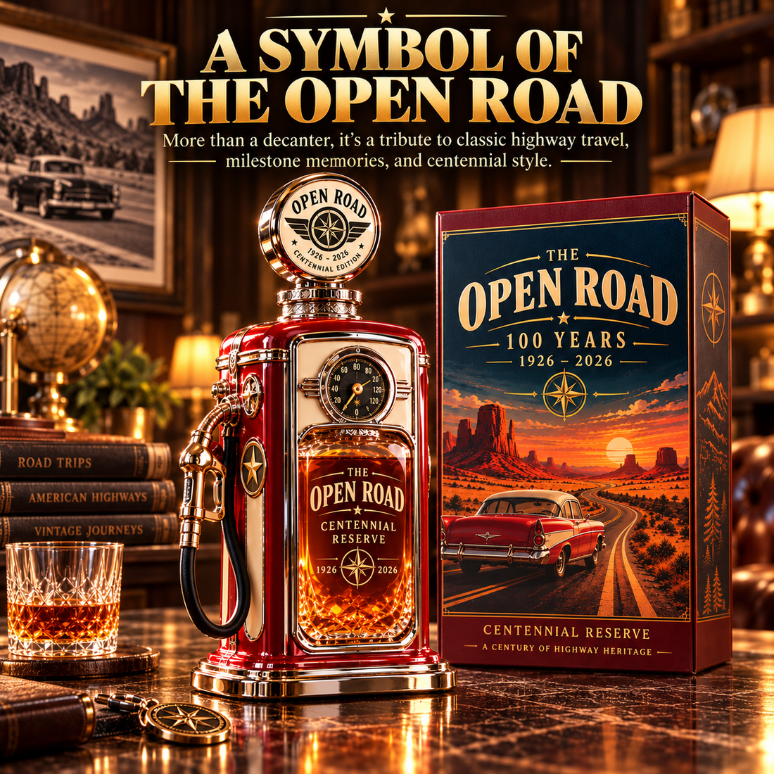 Open Road vintage gas pump decanter shown in black and gold collector presentation box