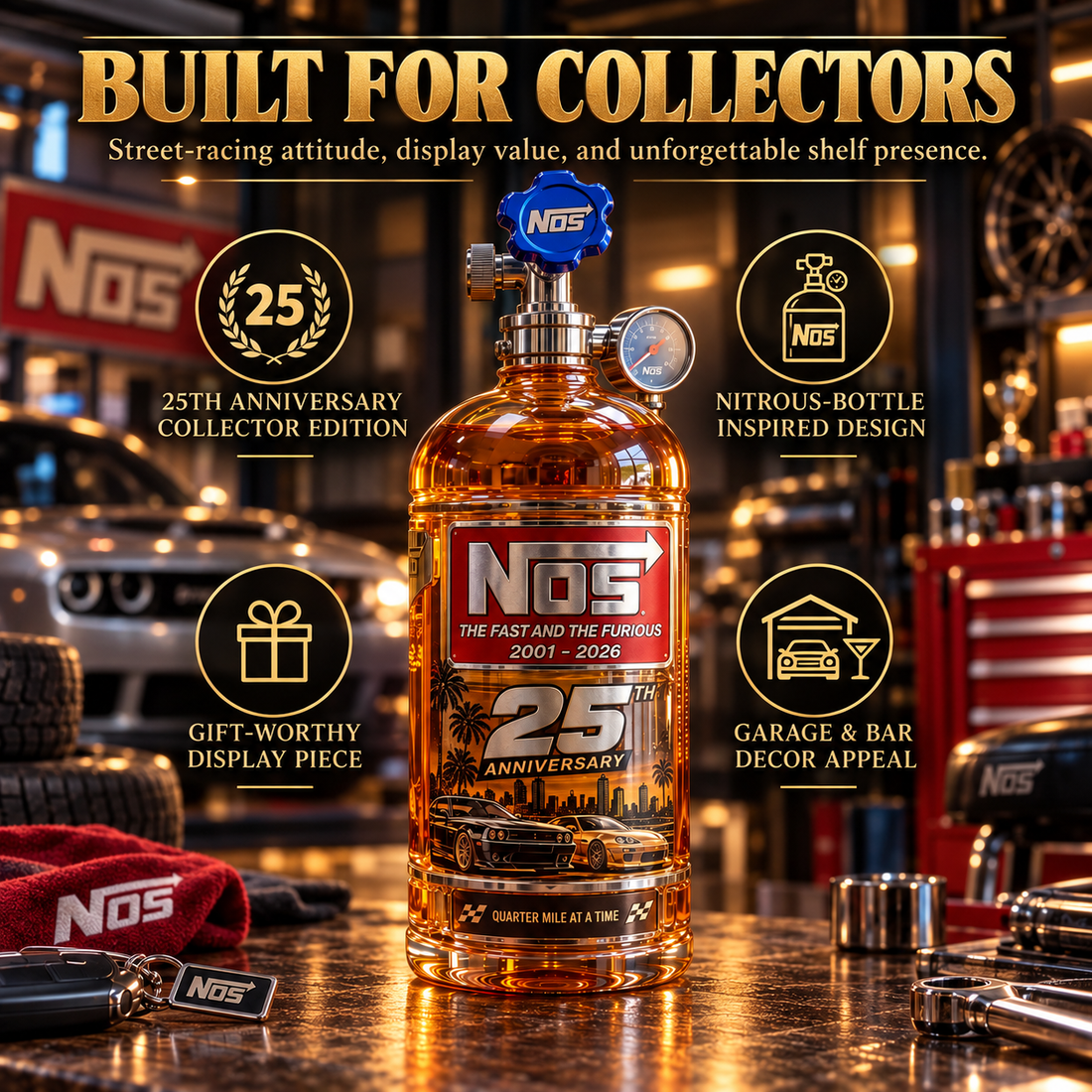 Anniversary racing-themed whiskey decanter presented as a collector display piece