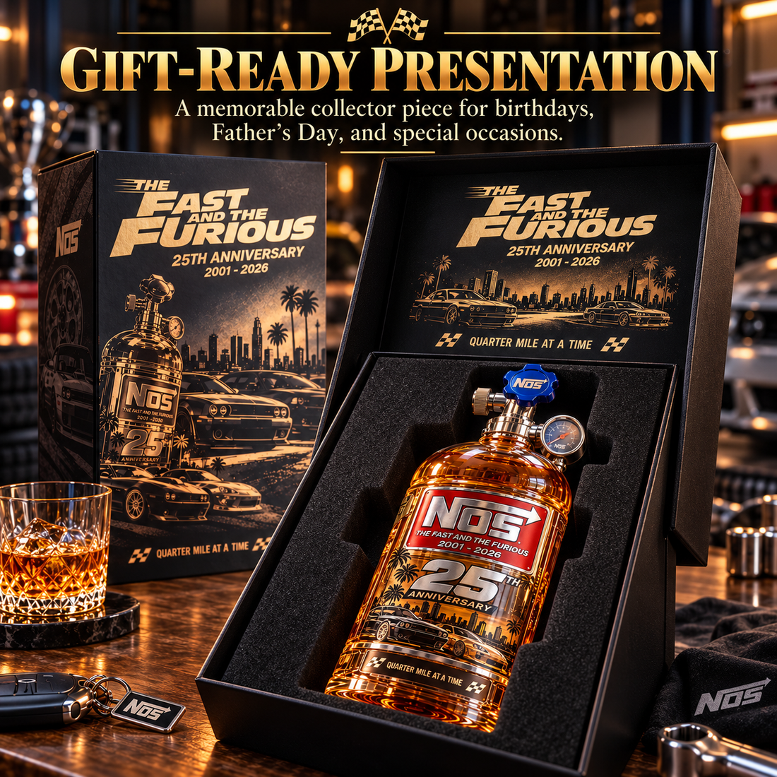 Nitrous-inspired racing decanter displayed in a black collector presentation box