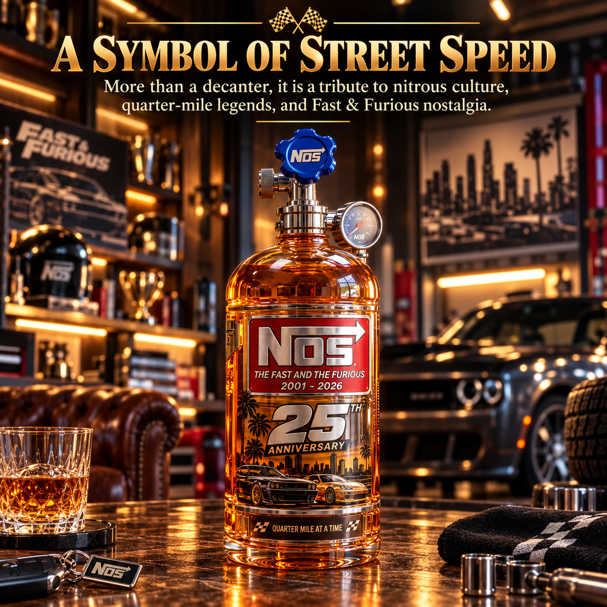 🏁 Full Throttle 25th Anniversary Nitrous Tank Whiskey Decanter – Street Racing Tribute, Collector’s Edition with Gift Box 🥃