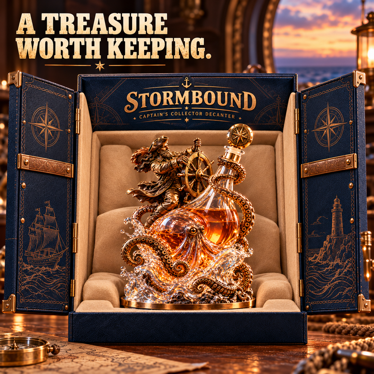 Stormbound captain and deep-sea octopus sculptural whiskey decanter