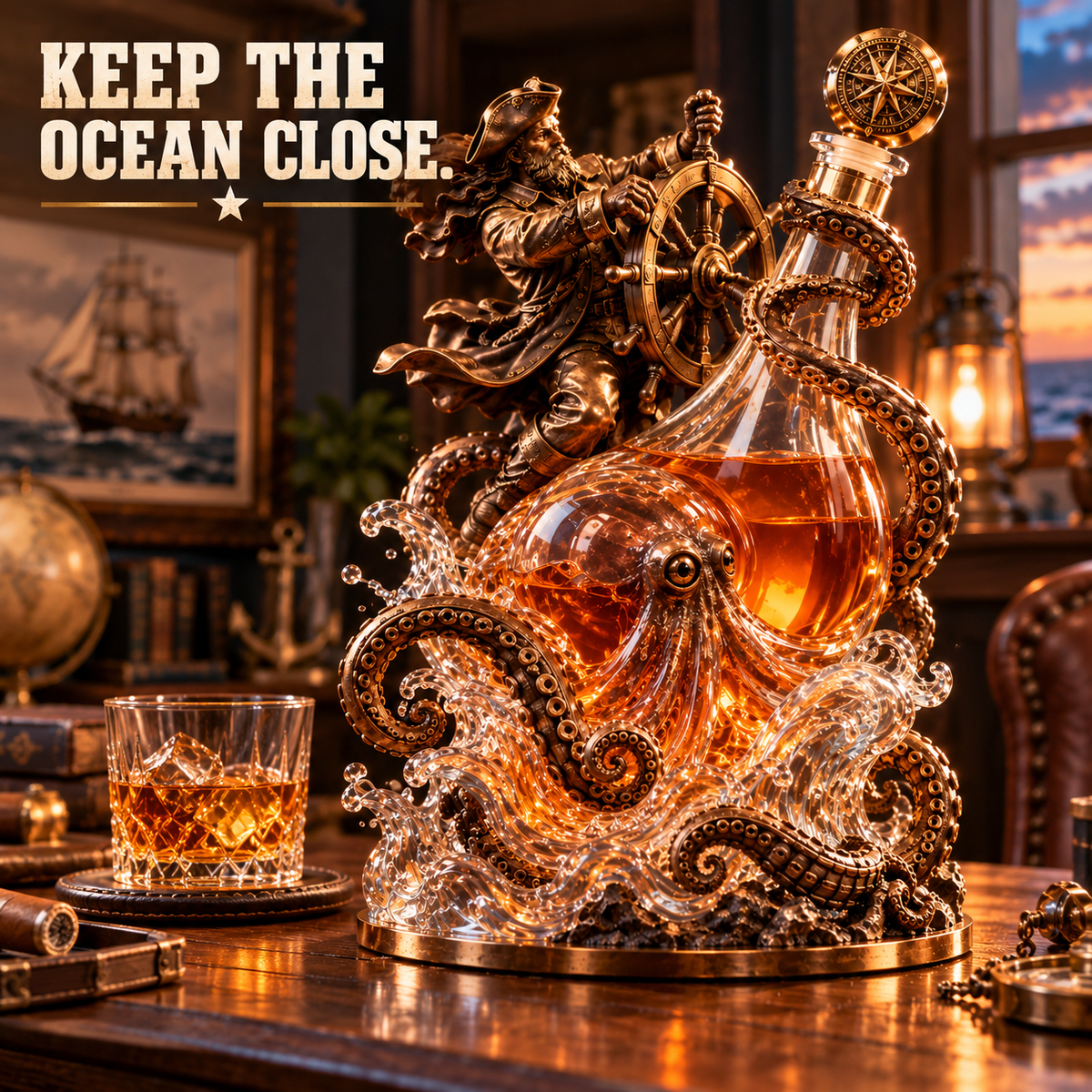 Two people raising whiskey glasses beside the nautical decanter