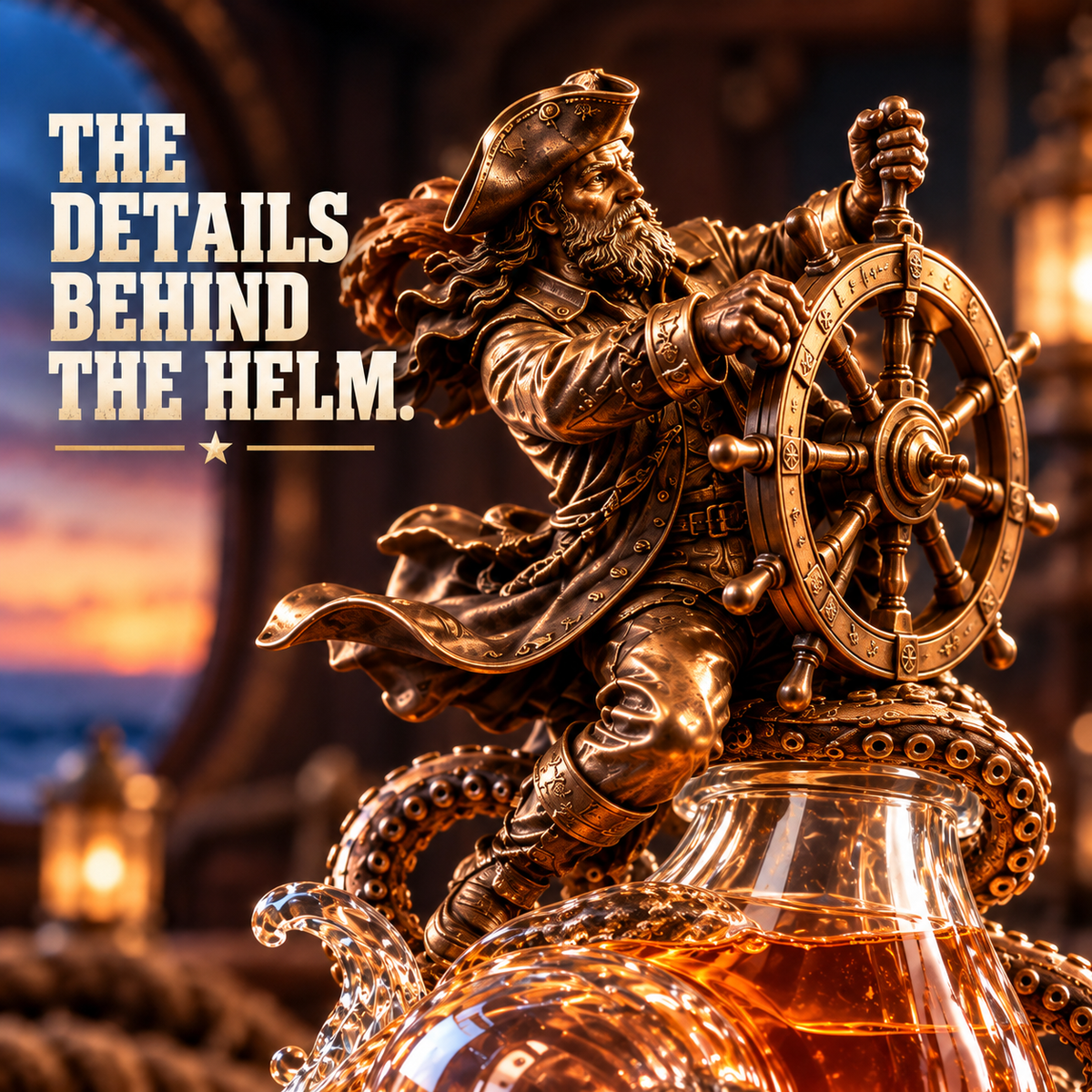 Bronze-tone captain figure turning a ship wheel with dramatic movement