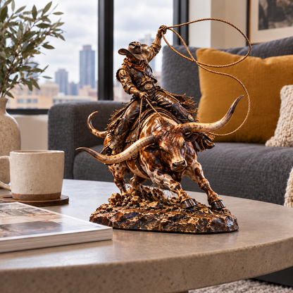 🤠🐂 Wild Frontier™ – Cowboy Riding Longhorn Western Sculpture 🌵