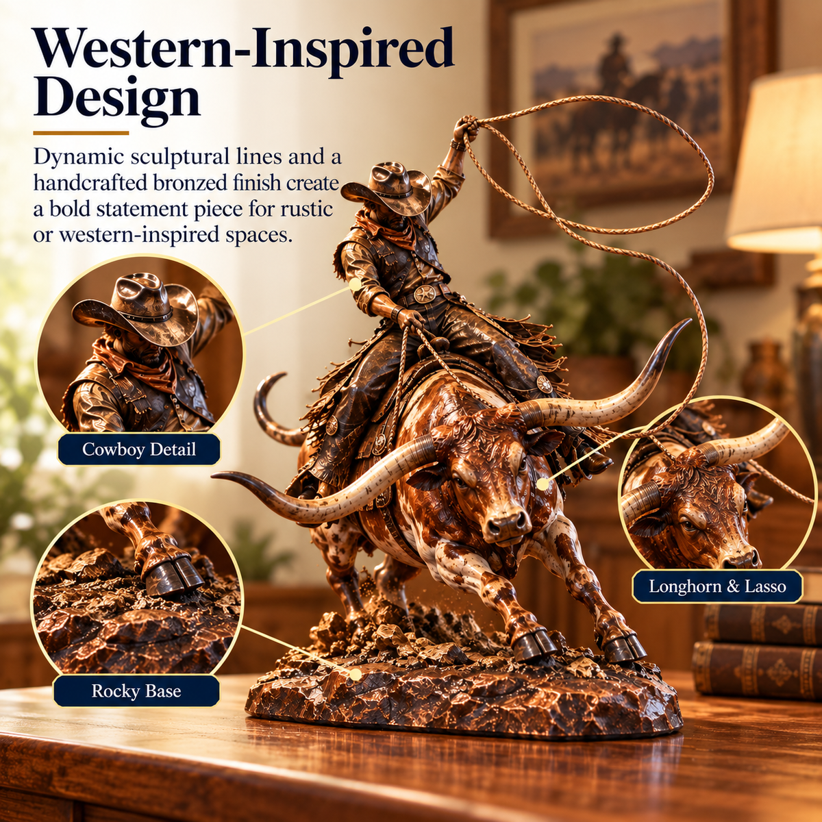 🤠🐂 Wild Frontier™ – Cowboy Riding Longhorn Western Sculpture 🌵