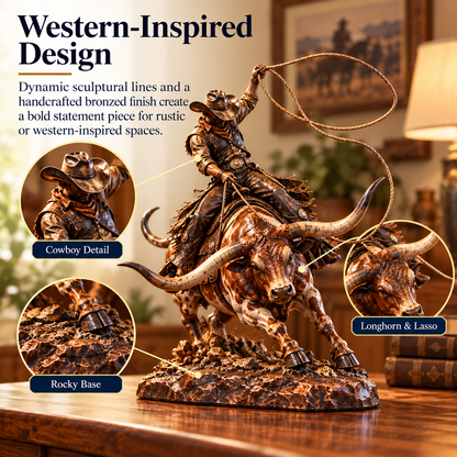 🤠🐂 Wild Frontier™ – Cowboy Riding Longhorn Western Sculpture 🌵