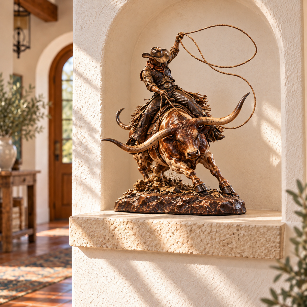 🤠🐂 Wild Frontier™ – Cowboy Riding Longhorn Western Sculpture 🌵