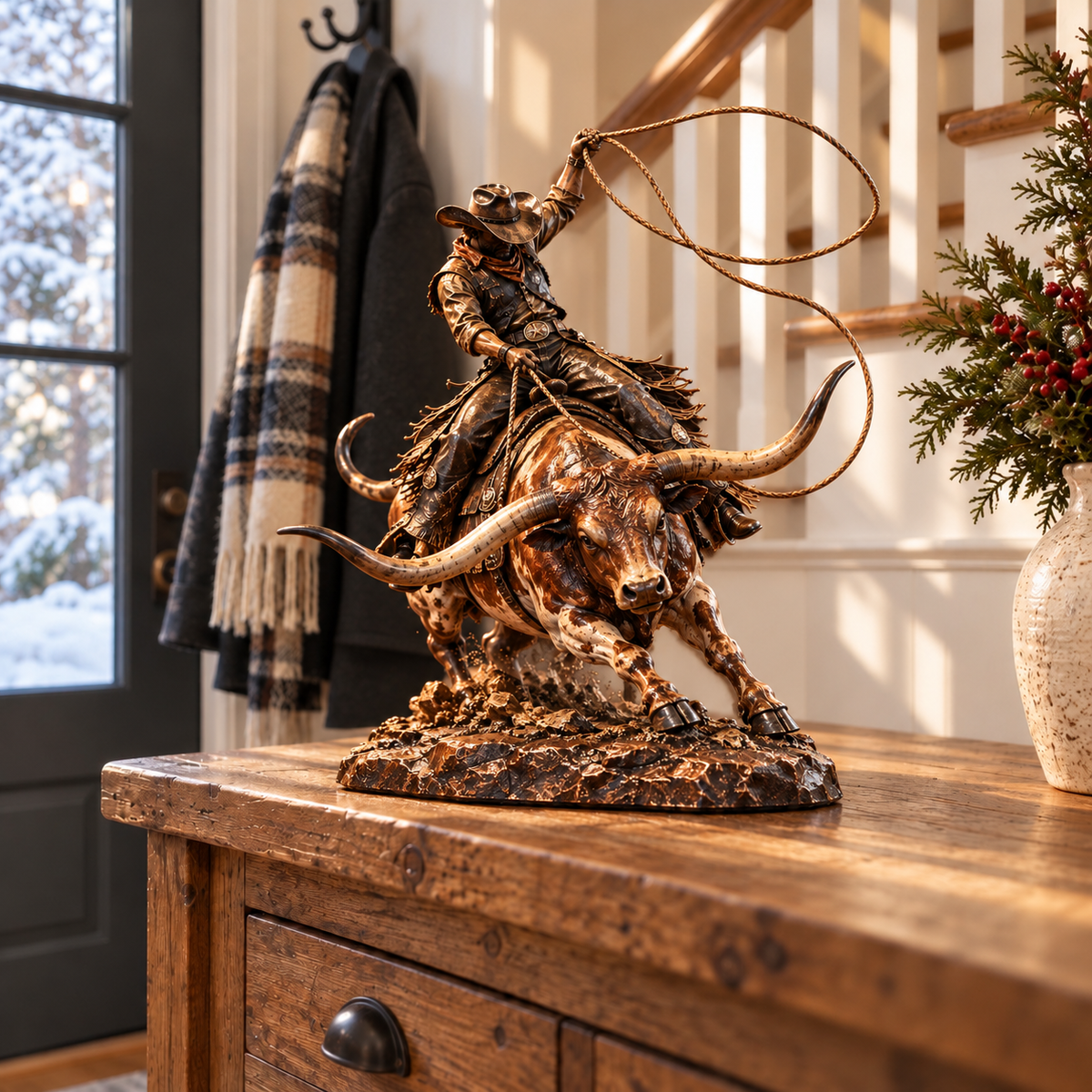 🤠🐂 Wild Frontier™ – Cowboy Riding Longhorn Western Sculpture 🌵