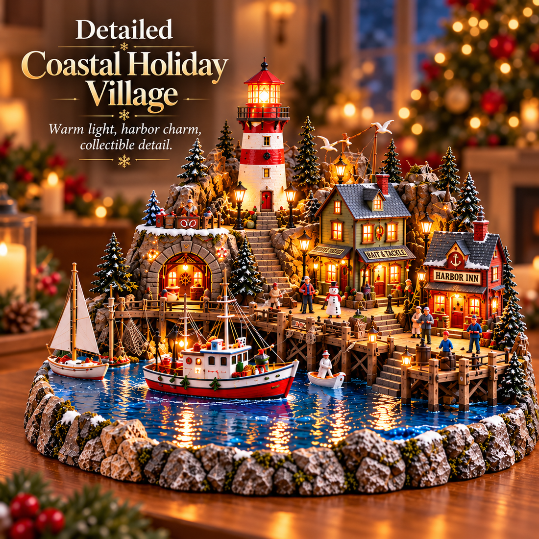Woodland Christmas deer with layered village and festive greenery details