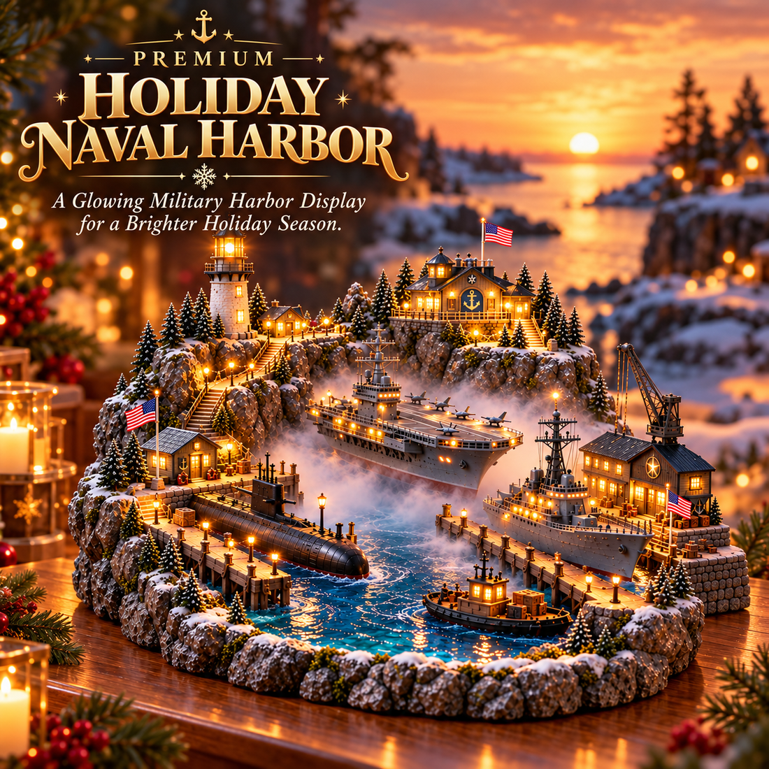 Premium holiday naval harbor display with ships and festive lighting