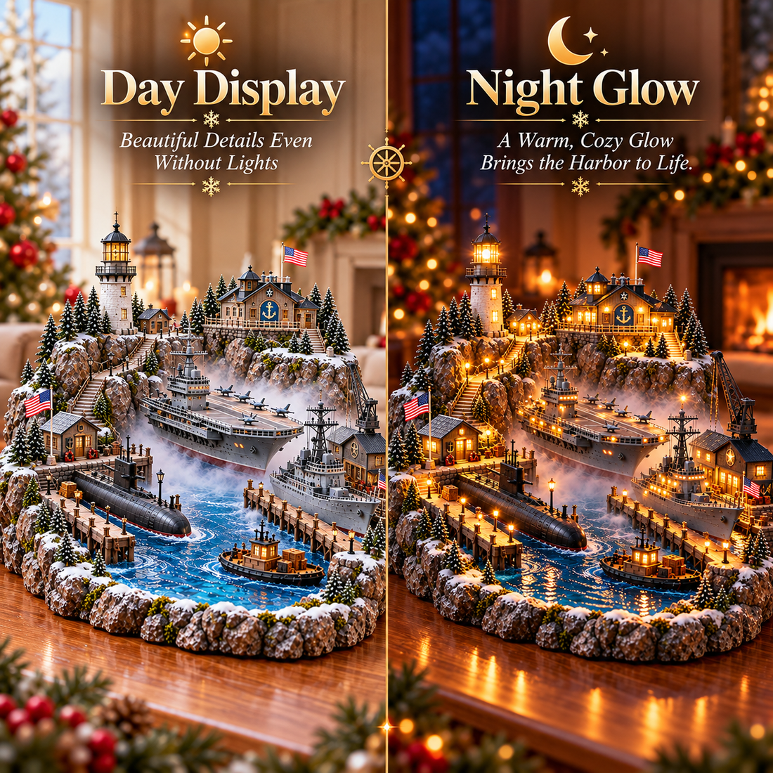 Naval harbor village day versus night glow comparison