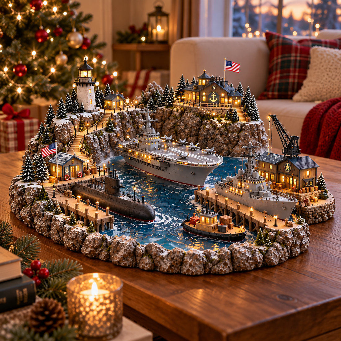 Naval Christmas harbor village with aircraft carrier submarine and lighthouse