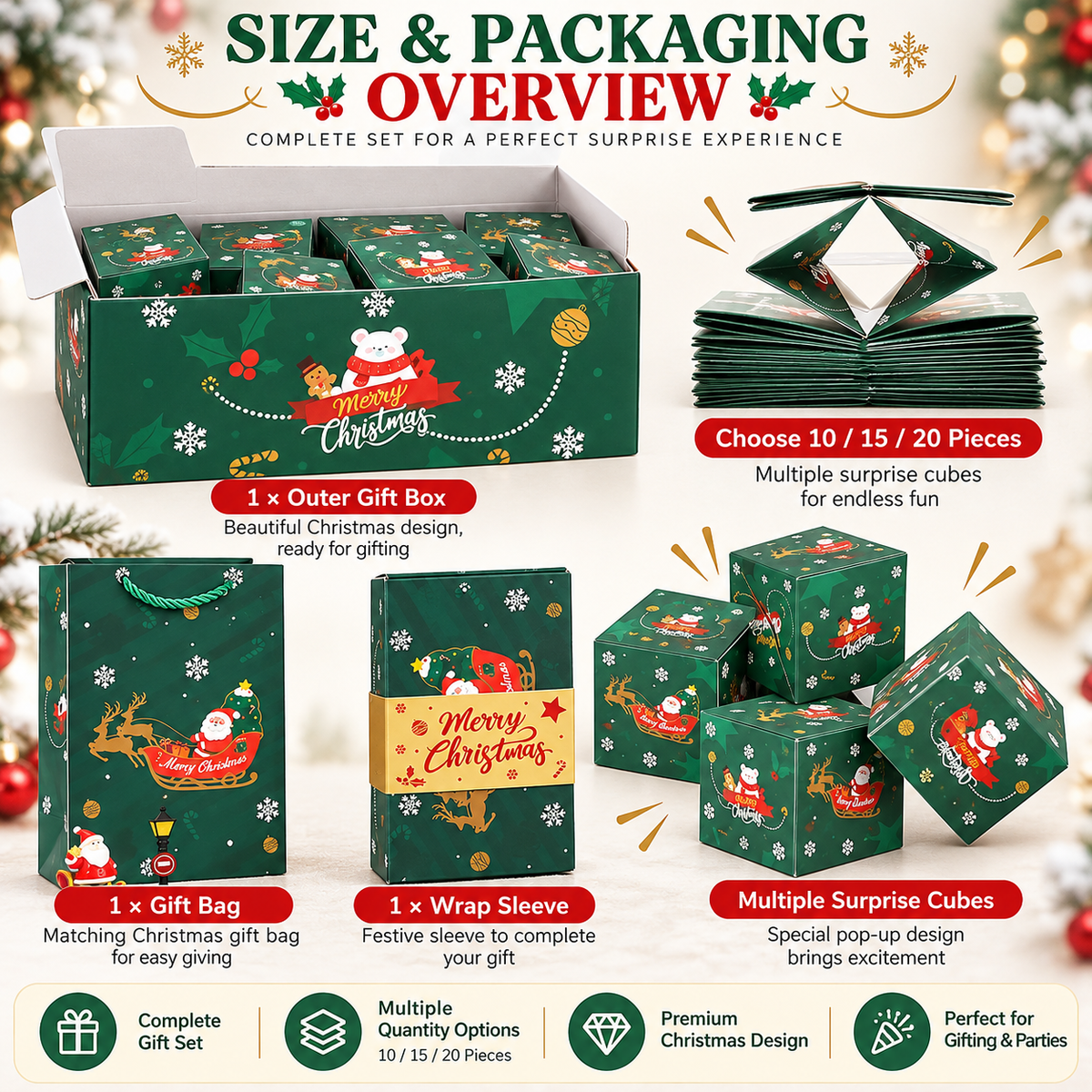 Christmas surprise gift box packaging and available quantity options