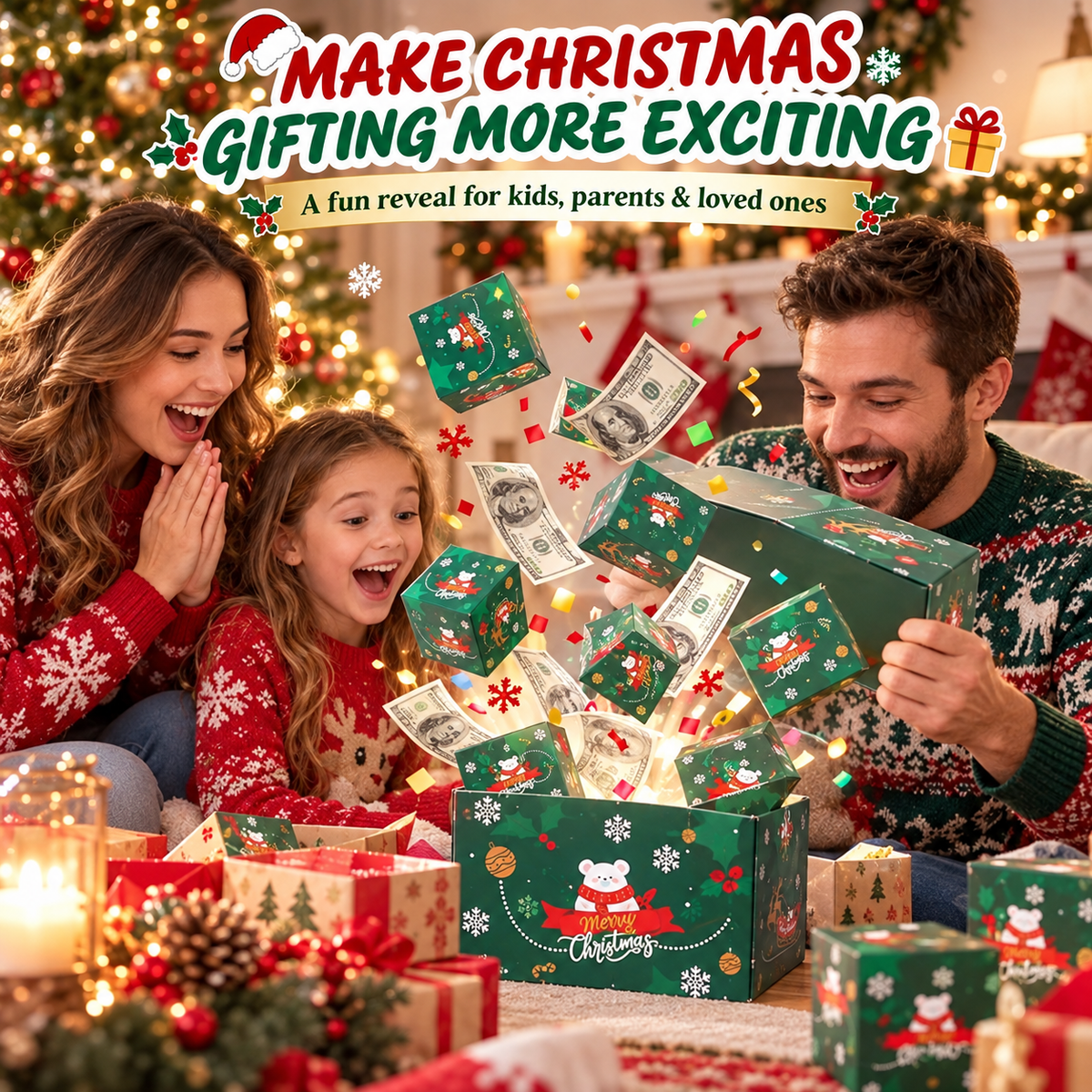 Family enjoying a Christmas surprise gift box opening together