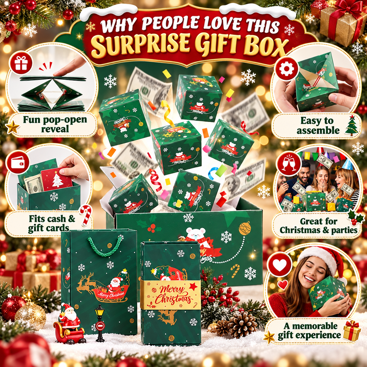 Surprise Gift Box Explosion For Money, 2026 New Unique Folding Bouncing Red Envelope Gift Box For Christmas Birthday New Year & Anniversary Parties (green)