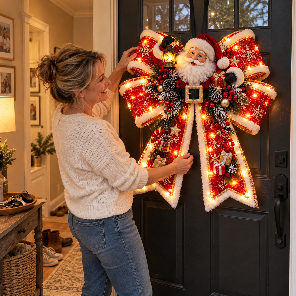 Santa Christmas bow shown on a front porch from a wider angle