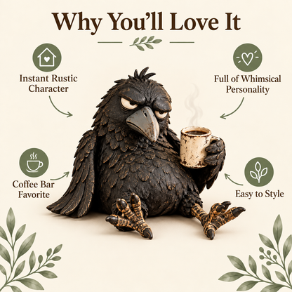 🔥Rustic Vintage Raven Figurine with Coffee Mug – Grumpy Crow Farmhouse Tabletop Decor