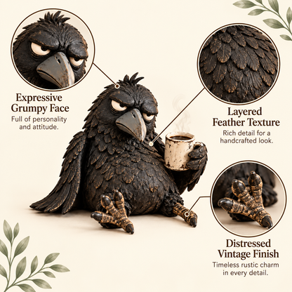 🔥Rustic Vintage Raven Figurine with Coffee Mug – Grumpy Crow Farmhouse Tabletop Decor