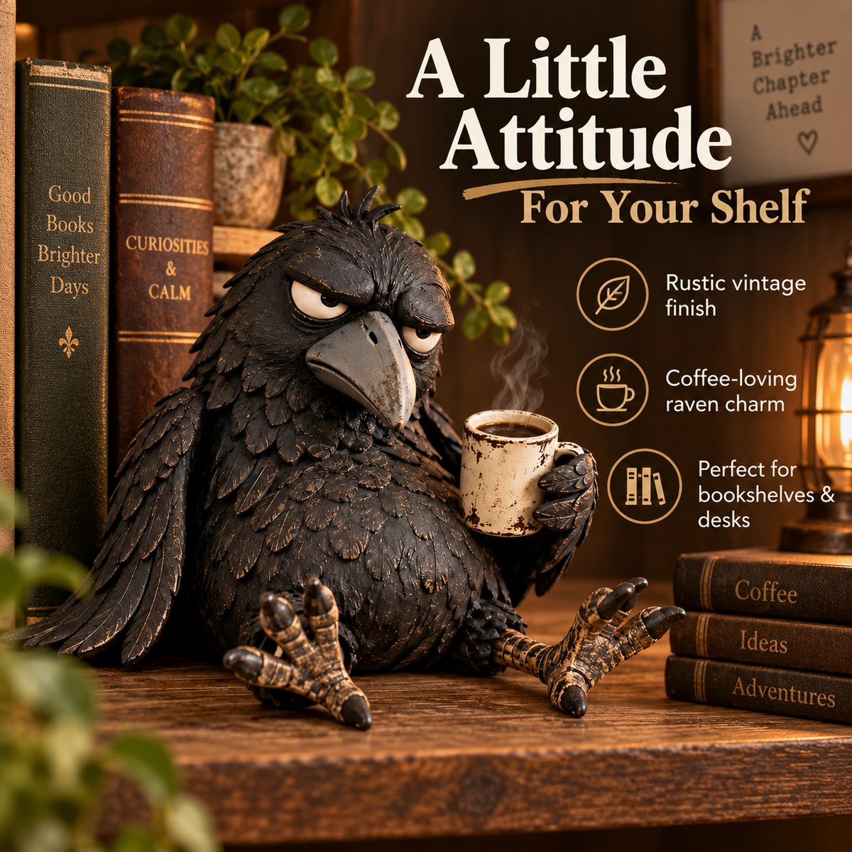 Rustic raven coffee figurine displayed on a desk