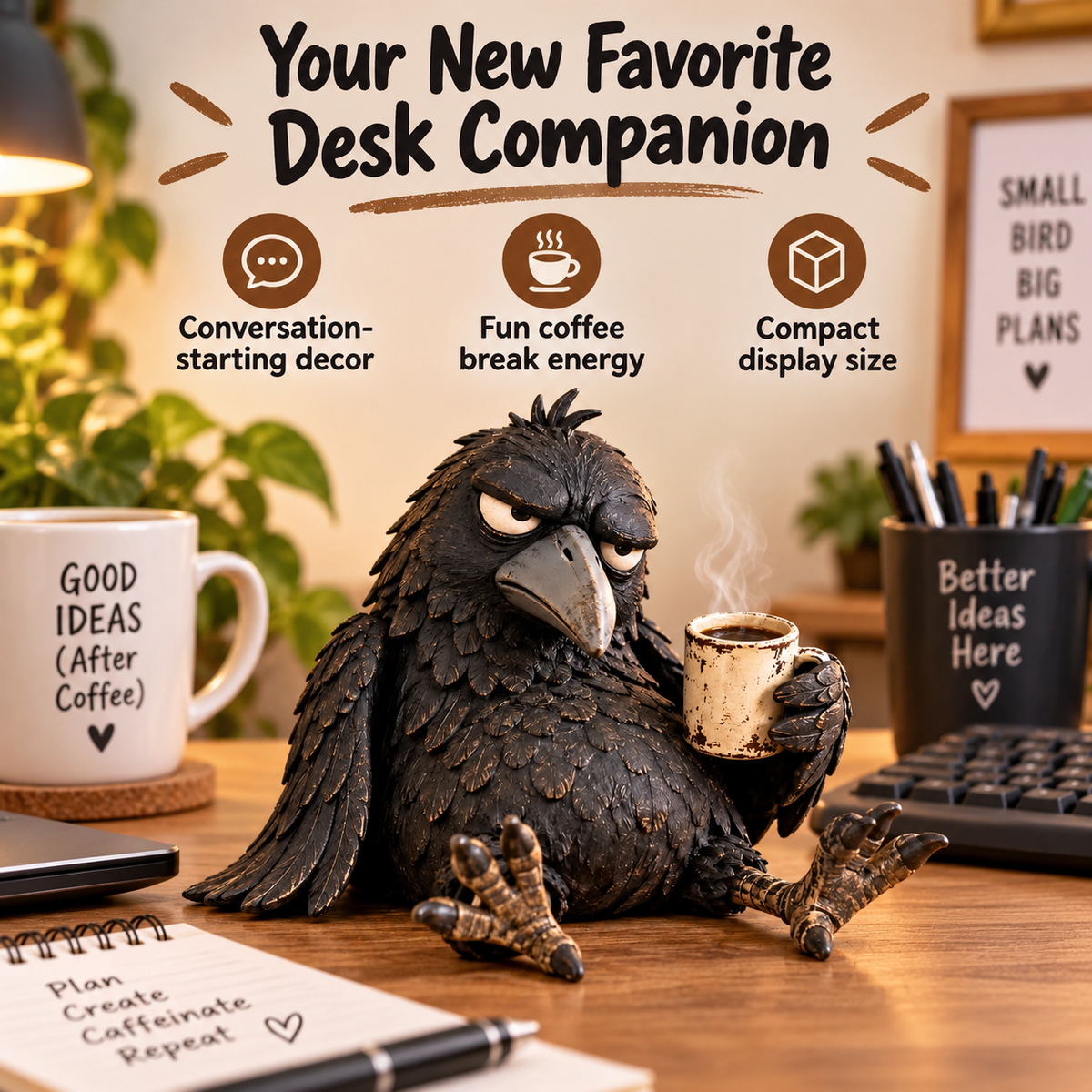🔥Rustic Vintage Raven Figurine with Coffee Mug – Grumpy Crow Farmhouse Tabletop Decor