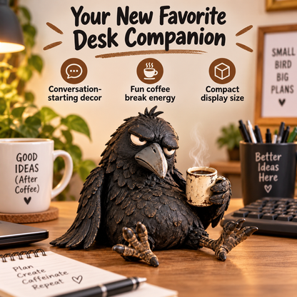 🔥Rustic Vintage Raven Figurine with Coffee Mug – Grumpy Crow Farmhouse Tabletop Decor