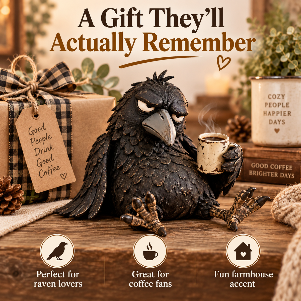 Rustic raven coffee figurine gift for coffee and raven lovers