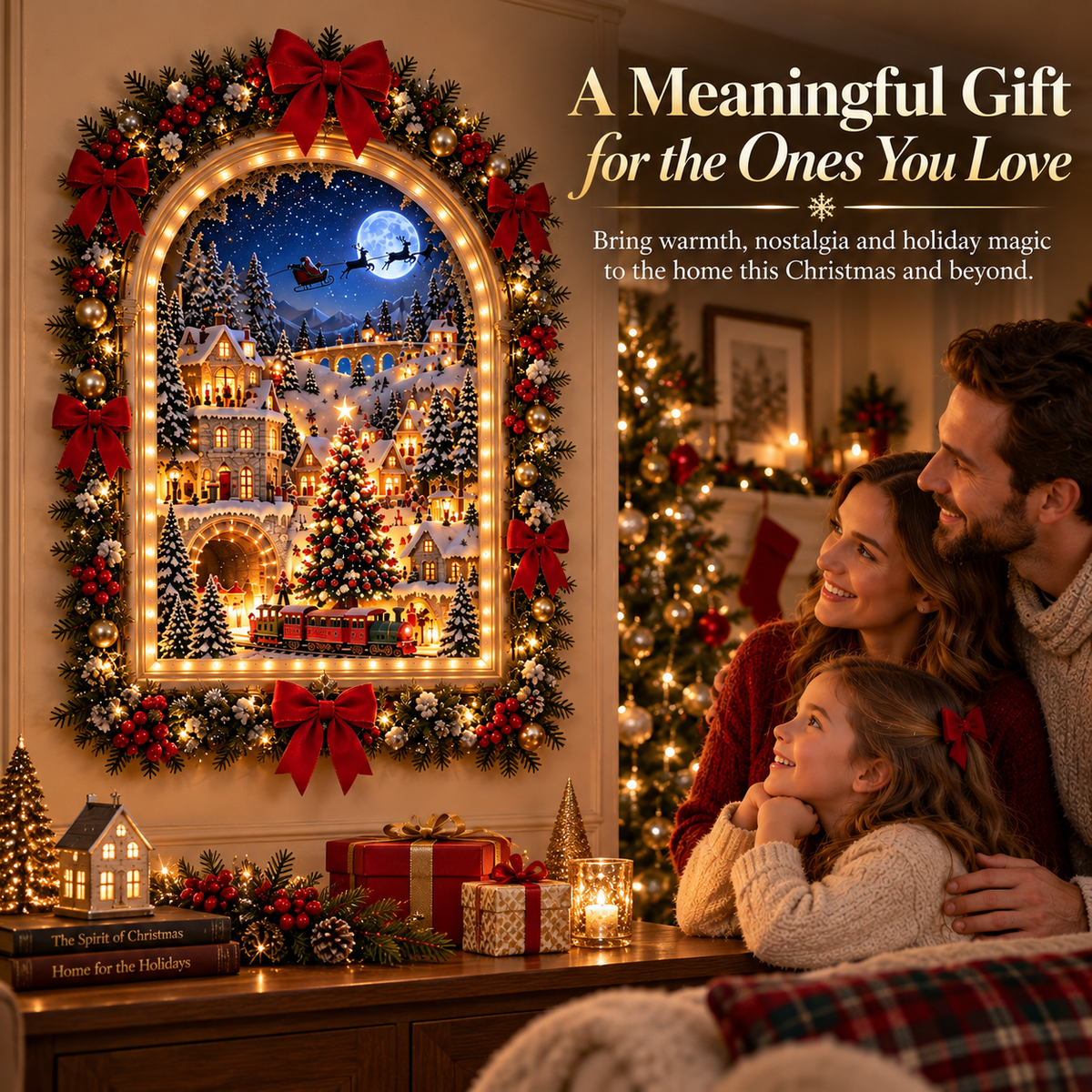 Christmas village window light displayed in cozy home spaces