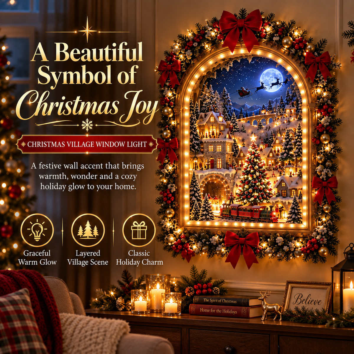 Glowing Christmas village window wall light