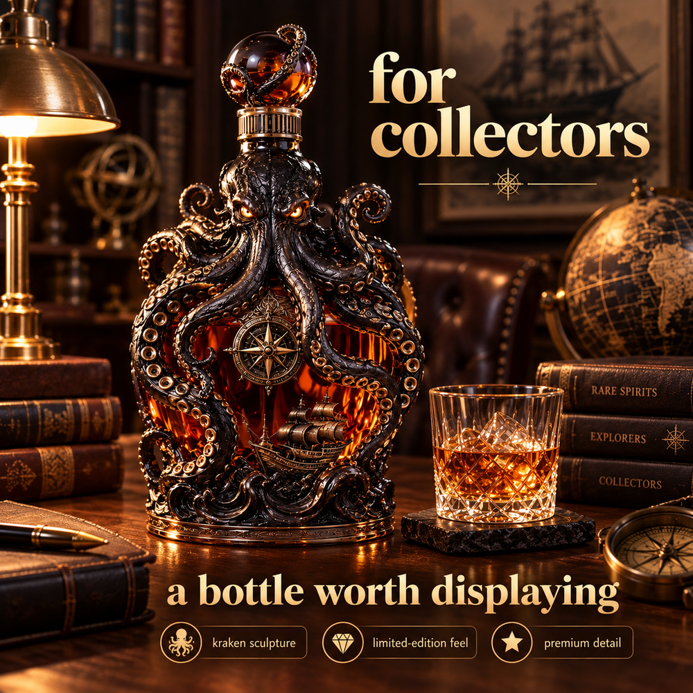 Kraken decanter displayed on a home bar
