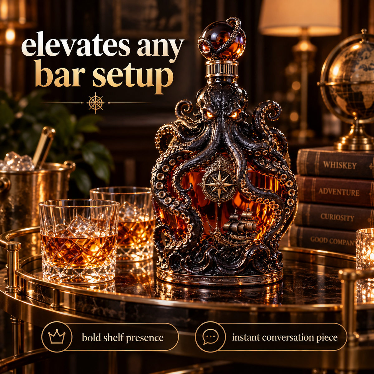 🐙Kraken Voyage Octopus Whiskey Decanter | Gothic Nautical Bar Centerpiece